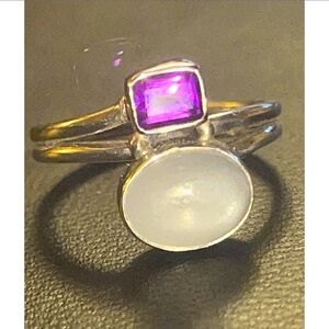 Authentic Sterling Silver Handmade Amethyst And Moonstone Ring - Size 7